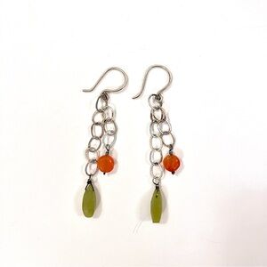 Handcrafted Silver Chain Earrings with Carnelian and Peridot Beads.